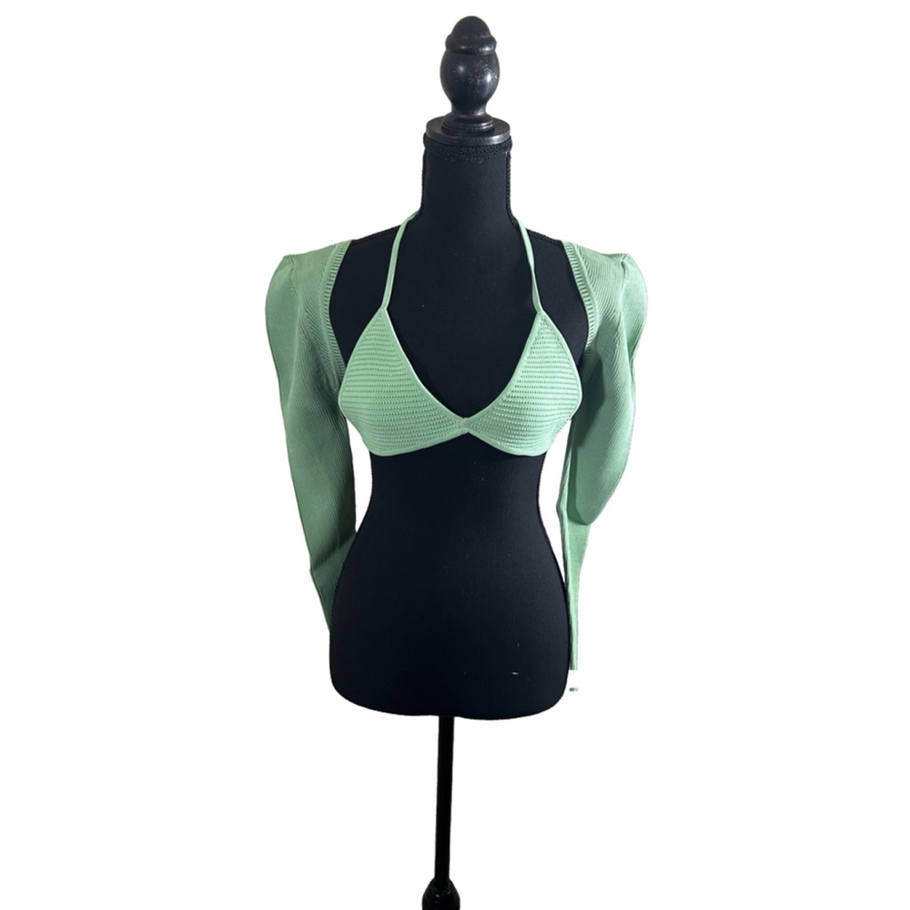 SER.O.YA Light Green Bra Top with Ribbed Shrug Sweater, Size L
